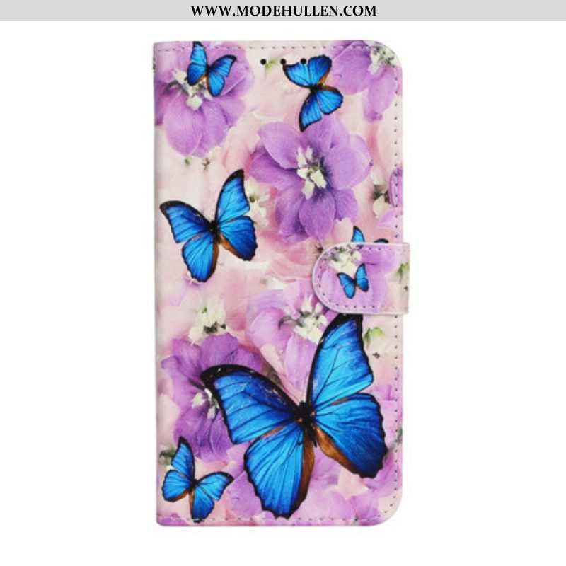 Flip Case Für iPhone 13 Mini Blaue Schmetterlinge In Blumen