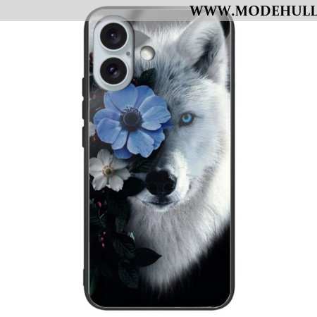 Hülle iPhone 16 Plus Handyhülle Gehärtetes Glas Mit Wolf Und Blauer Blume