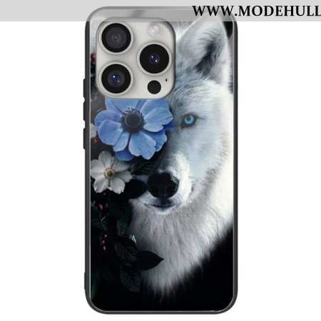 Hülle iPhone 16 Pro Handyhülle Wolf Und Blaue Blume Aus Gehärtetem Glas