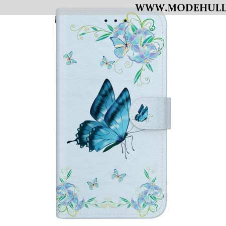 Lederhüllen Für Oppo Reno 11 5g Blauer Schmetterling Und Blumen Mit Riemen