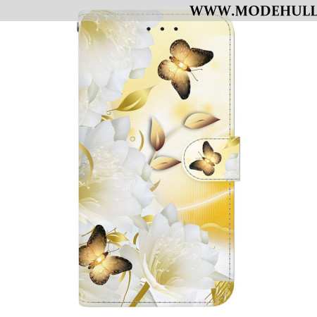 Lederhüllen Für Oppo Reno 12 5g Goldene Schmetterlinge Und Blumen Mit Riemen