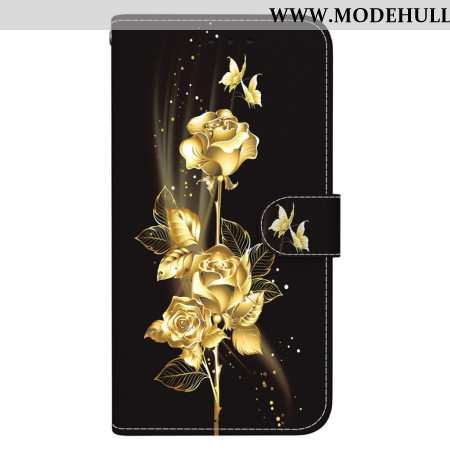 Lederhüllen Für Oppo Reno 12 5g Goldene Und Rosa Schmetterlinge Mit Riemen