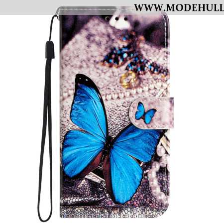 Lederhüllen Für Samsung Galaxy S24 5g Blauer Schmetterling Mit Riemen