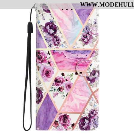 Lederhüllen Für Samsung Galaxy S24 5g Marmorviolette Blumen Mit Riemen