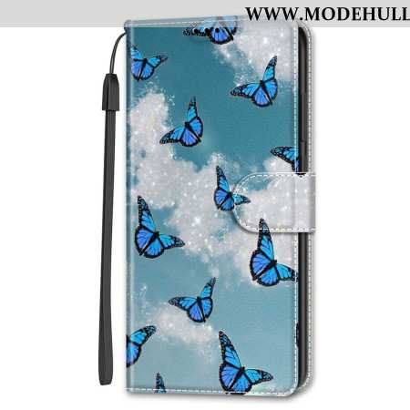 Lederhüllen Für Samsung Galaxy S24 5g Weiße Wolken Und Blaue Schmetterlinge Mit Riemen