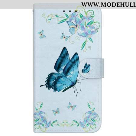 Lederhüllen Für Samsung Galaxy S24 Fe Blauer Schmetterling Und Blumen Mit Riemen