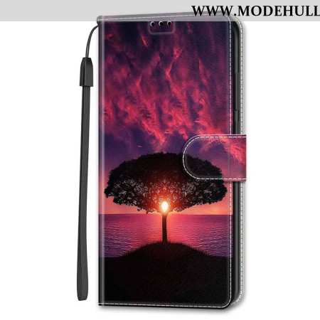 Lederhüllen Für Samsung Galaxy S24 Plus 5g Schwarzer Baum Bei Sonnenuntergang Mit Riemen