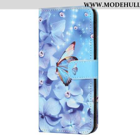 Lederhüllen Für Xiaomi Redmi Note 13 5g Blaue Blumen Und Schmetterling Mit Riemen