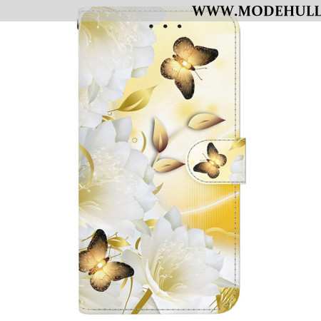 Lederhüllen Für iPhone 16 Goldene Schmetterlinge Und Weiße Blumen Mit Riemen