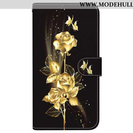 Lederhüllen Für iPhone 16 Goldener Schmetterling Und Rosen Mit Riemen