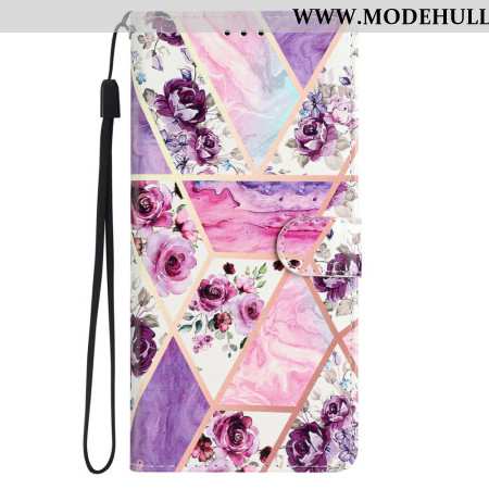 Lederhüllen Für iPhone 16 Plus Marmorviolette Blumen Mit Riemen