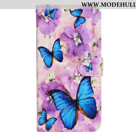 Lederhüllen Für iPhone 16 Plus Schmetterlinge Und Lila Blumen Mit Riemen