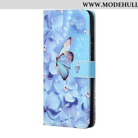 Lederhüllen Google Pixel 8a Handyhülle Blaue Blumen Und Schmetterlinge Mit Riemen