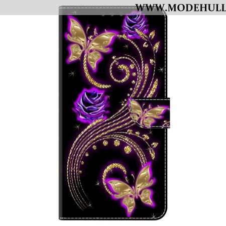 Lederhüllen Google Pixel 9 Pro Handyhülle Violette Blumen Und Schmetterlinge