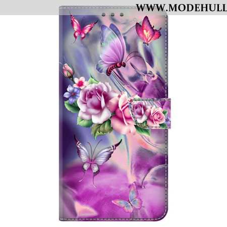 Lederhüllen Oppo A98 5g Schmetterlinge Und Violette Blumen