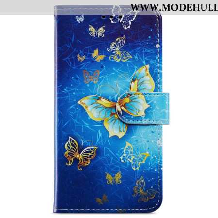 Lederhüllen Samsung Galaxy A55 5g Goldener Schmetterling Auf Blauem Hintergrund Mit Riemen