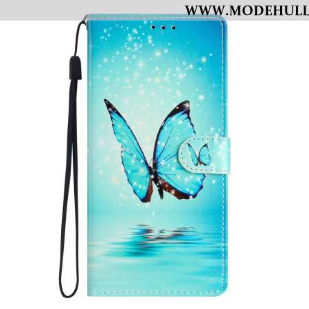 Lederhüllen Samsung Galaxy A55 5g Handyhülle Blauer Schmetterling Mit Riemen