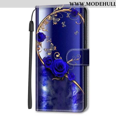 Lederhüllen Samsung Galaxy S24 5g Handyhülle Blaue Rosen Und Goldene Schmetterlinge Mit Riemen