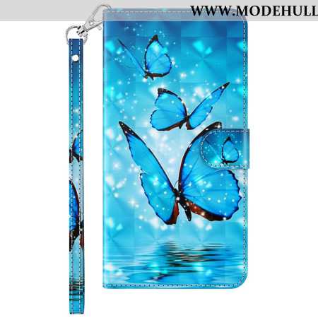 Lederhüllen Samsung Galaxy S24 5g Handyhülle Blaue Schmetterlinge Mit Riemen