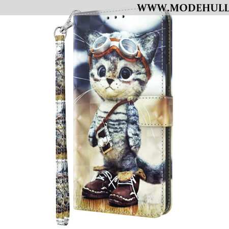 Lederhüllen Samsung Galaxy S24 5g Handyhülle Fliegerkatze Mit Riemen