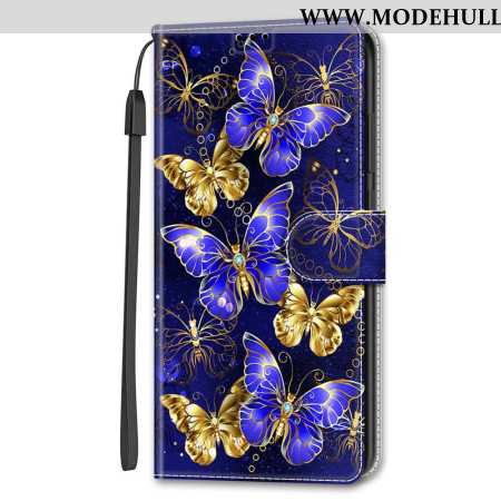 Lederhüllen Samsung Galaxy S24 5g Handyhülle Goldene Und Blaue Schmetterlinge Mit Riemen