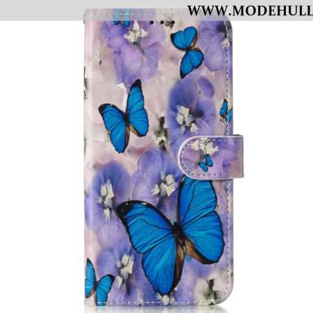 Lederhüllen Samsung Galaxy S24 Fe Handyhülle Lila Blumen Und Blaue Schmetterlinge