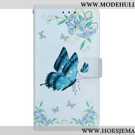 Lederhüllen Samsung Galaxy S24 Plus 5g Blauer Schmetterling Und Blume Mit Riemen