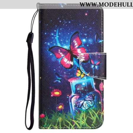 Lederhüllen Samsung Galaxy S24 Ultra 5g Flasche Und Schmetterling Mit Riemen