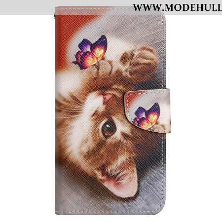 Lederhüllen Samsung Galaxy S24 Ultra 5g Schmetterling Und Katze Mit Riemen