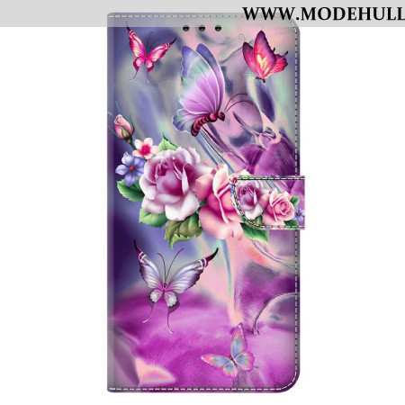 Lederhüllen Xiaomi 14 Handyhülle Lila Schmetterlinge Und Blumen