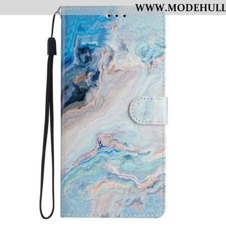 Lederhüllen iPhone 16 Pro Handyhülle Blauer Marmor Mit Riemen