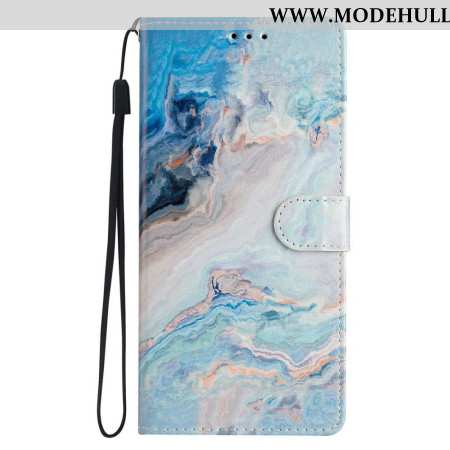 Lederhüllen iPhone 16 Pro Max Handyhülle Blauer Marmor Mit Riemen