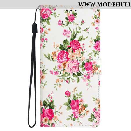 Lederhüllen iPhone 16 Pro Max Handyhülle Rote Blumen Mit Riemen