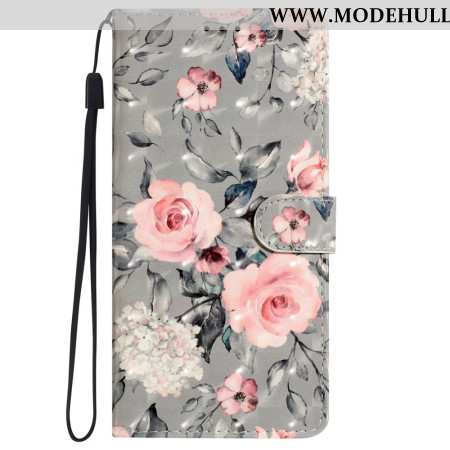 Lederhüllen iPhone 16 Pro Rosa Blumen Auf Grauem Hintergrund Mit Riemen